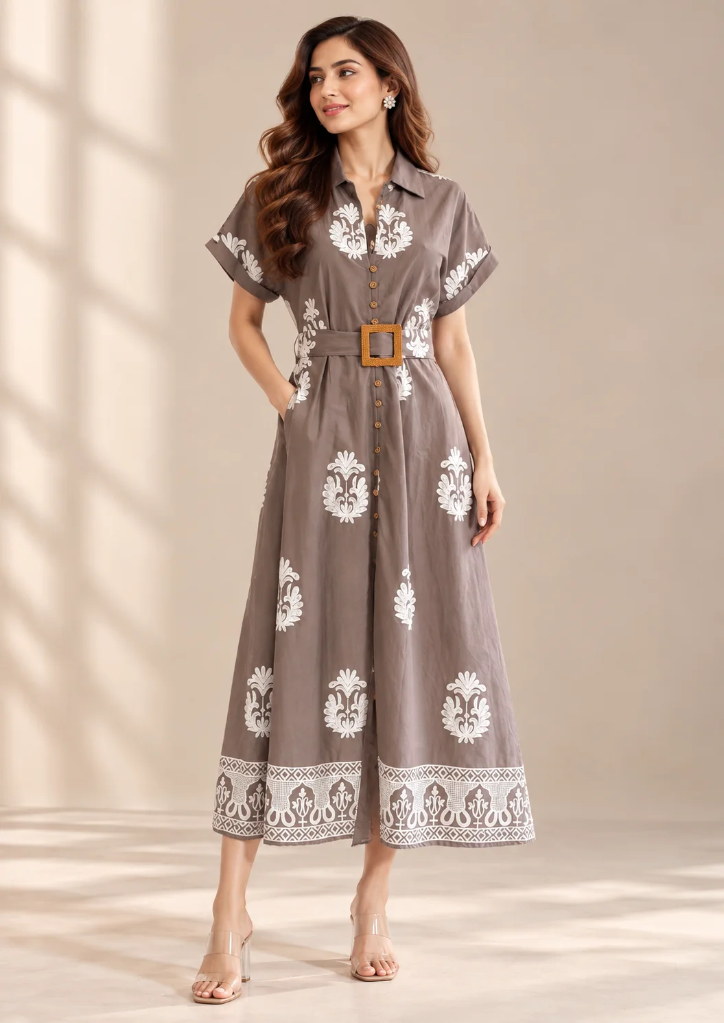 Printed Belted Shirt Maxi Dress