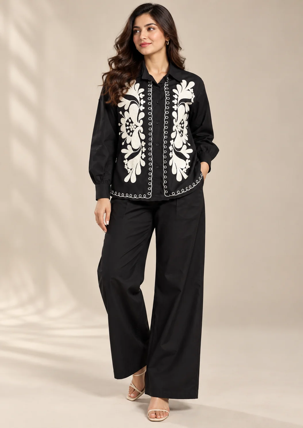 Monochrome Embroidered Wide-Leg Co Ord Set