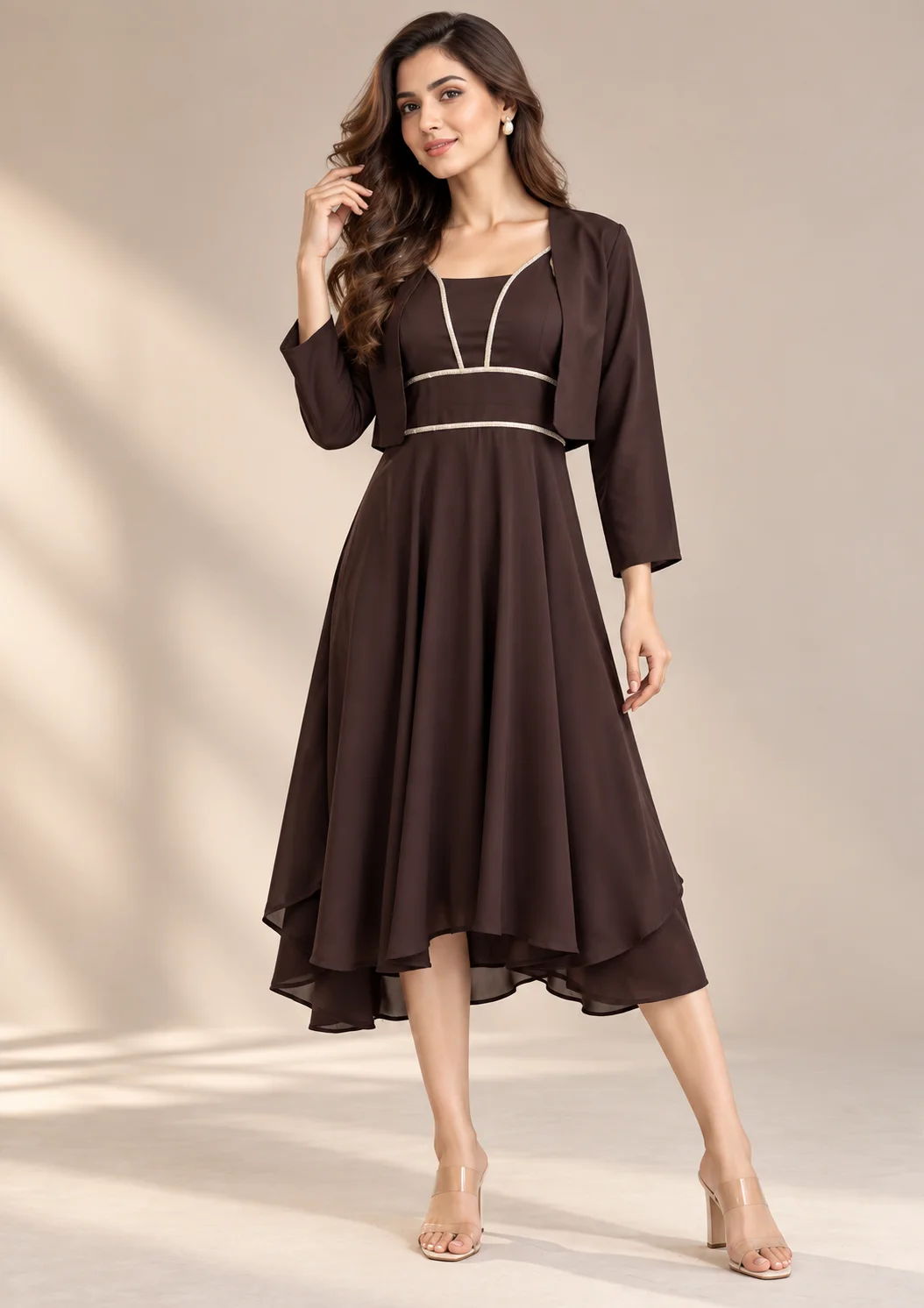 Embellished Fit & Flare Party Wear With Shrug