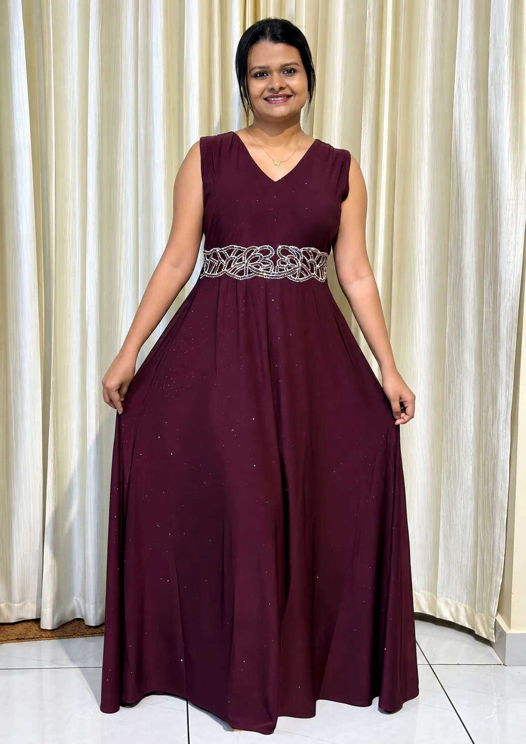 Party Wear Fit and Flare Maxi Dress (With Sleeves)