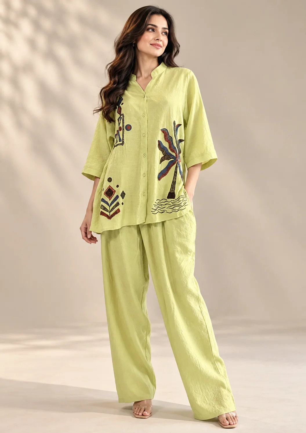 Embroidered Linen Wide-Leg Co Ord Set