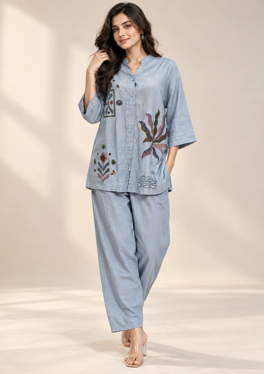 Embroidered Linen Wide-Leg Co Ord Set