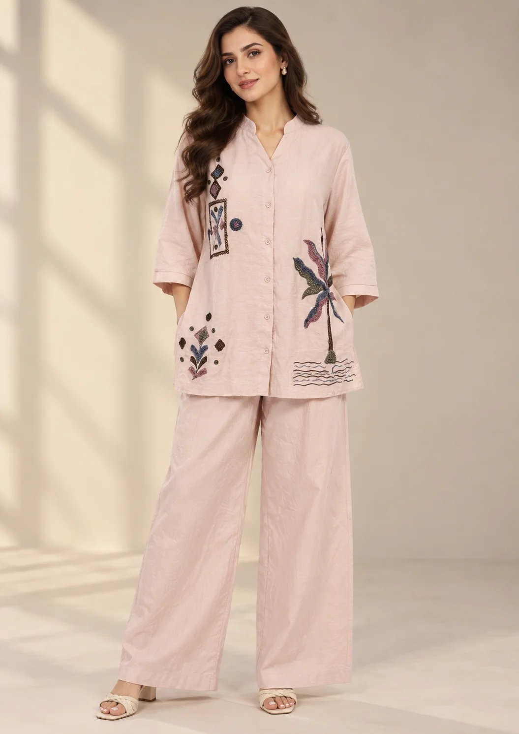 Embroidered Linen Wide-Leg Co Ord Set