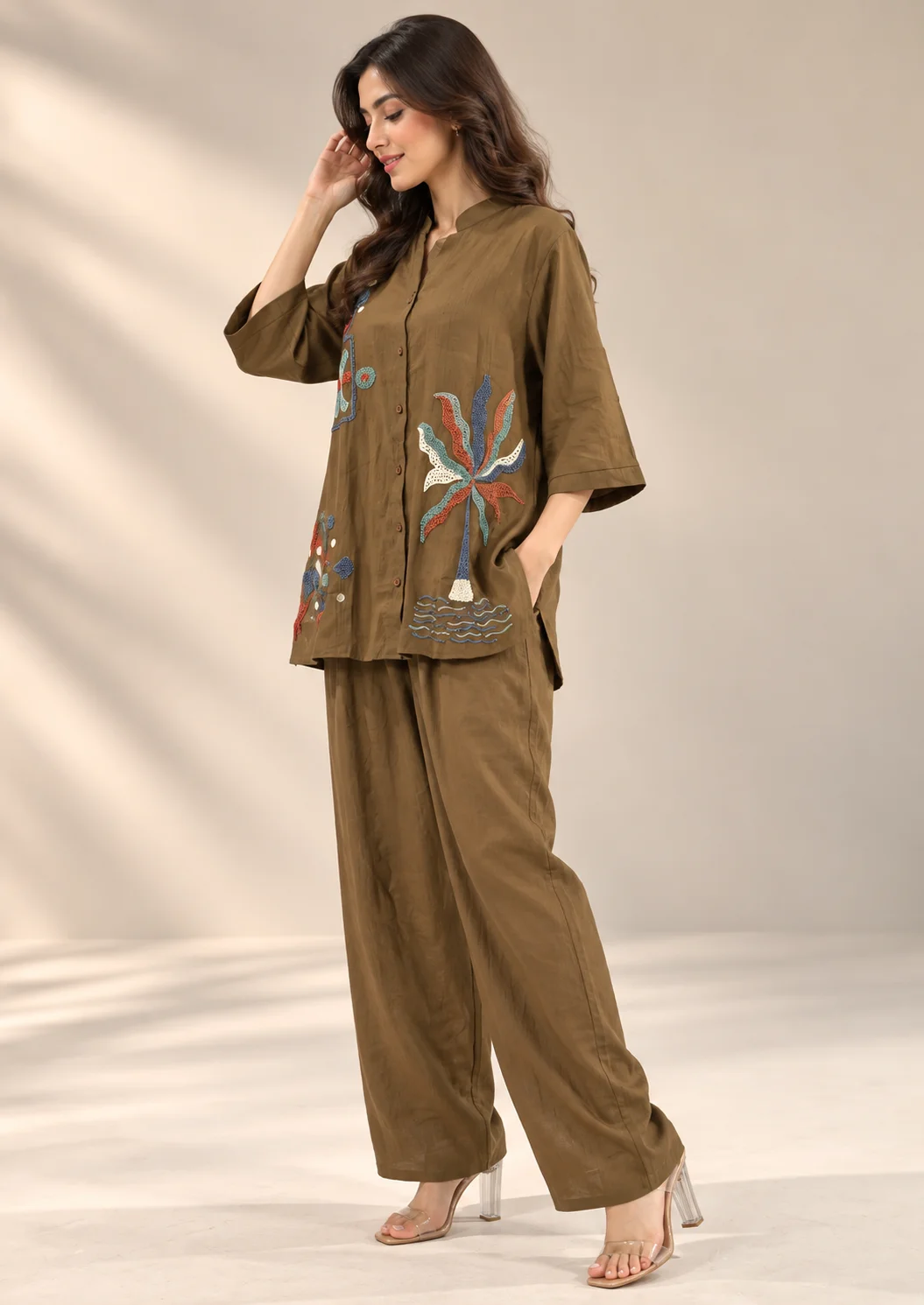 Embroidered Linen Wide-Leg Co Ord Set
