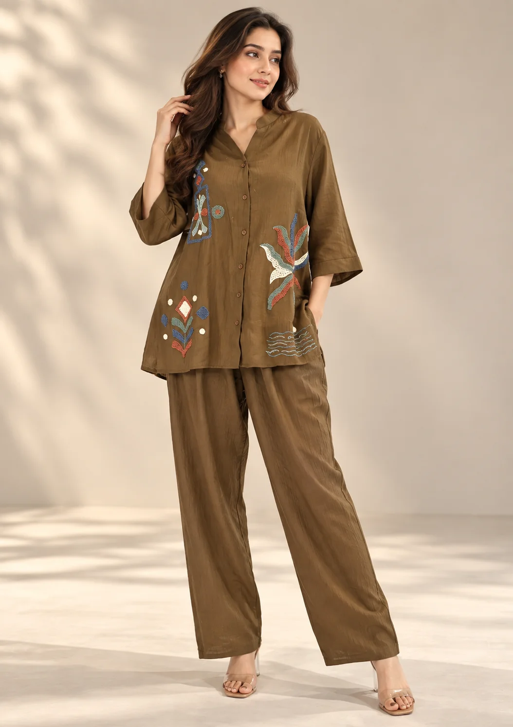 Embroidered Linen Wide-Leg Co Ord Set