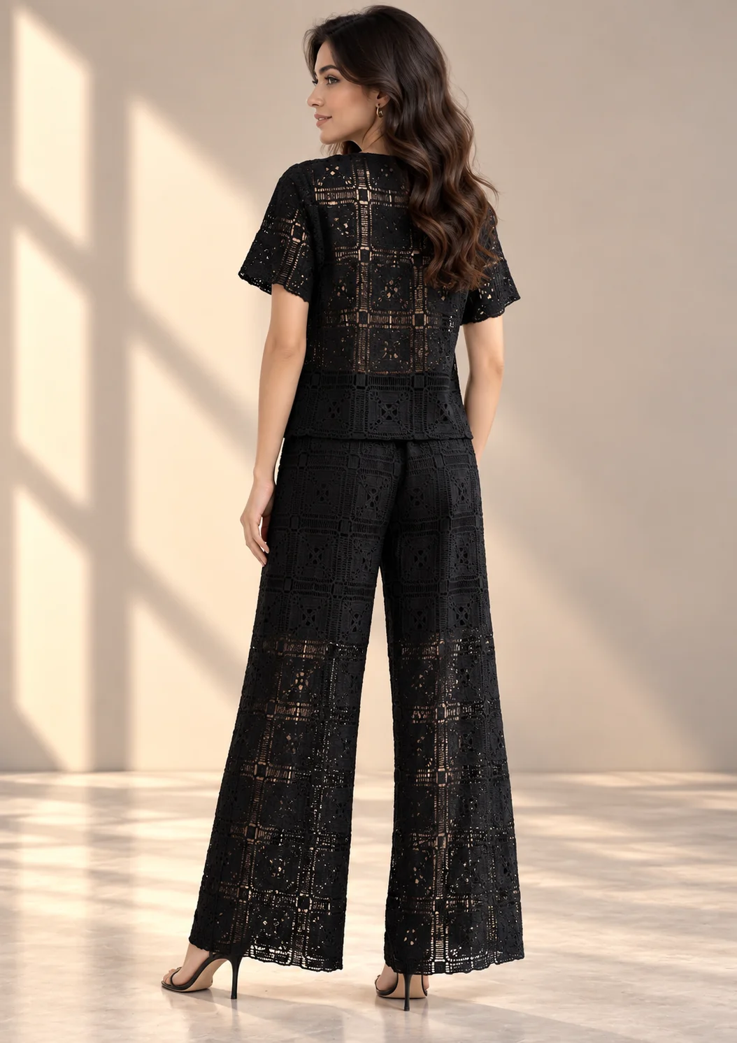 Lace Co Ord Set With Wide-Leg Pants