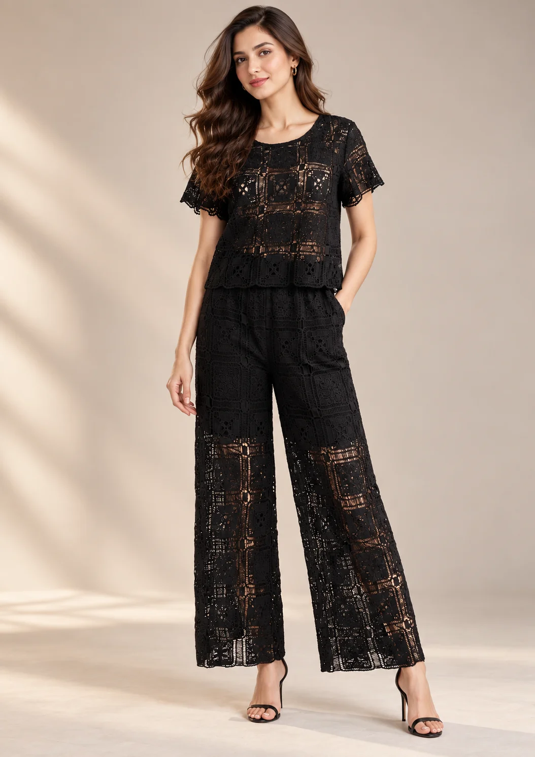 Lace Co Ord Set With Wide-Leg Pants