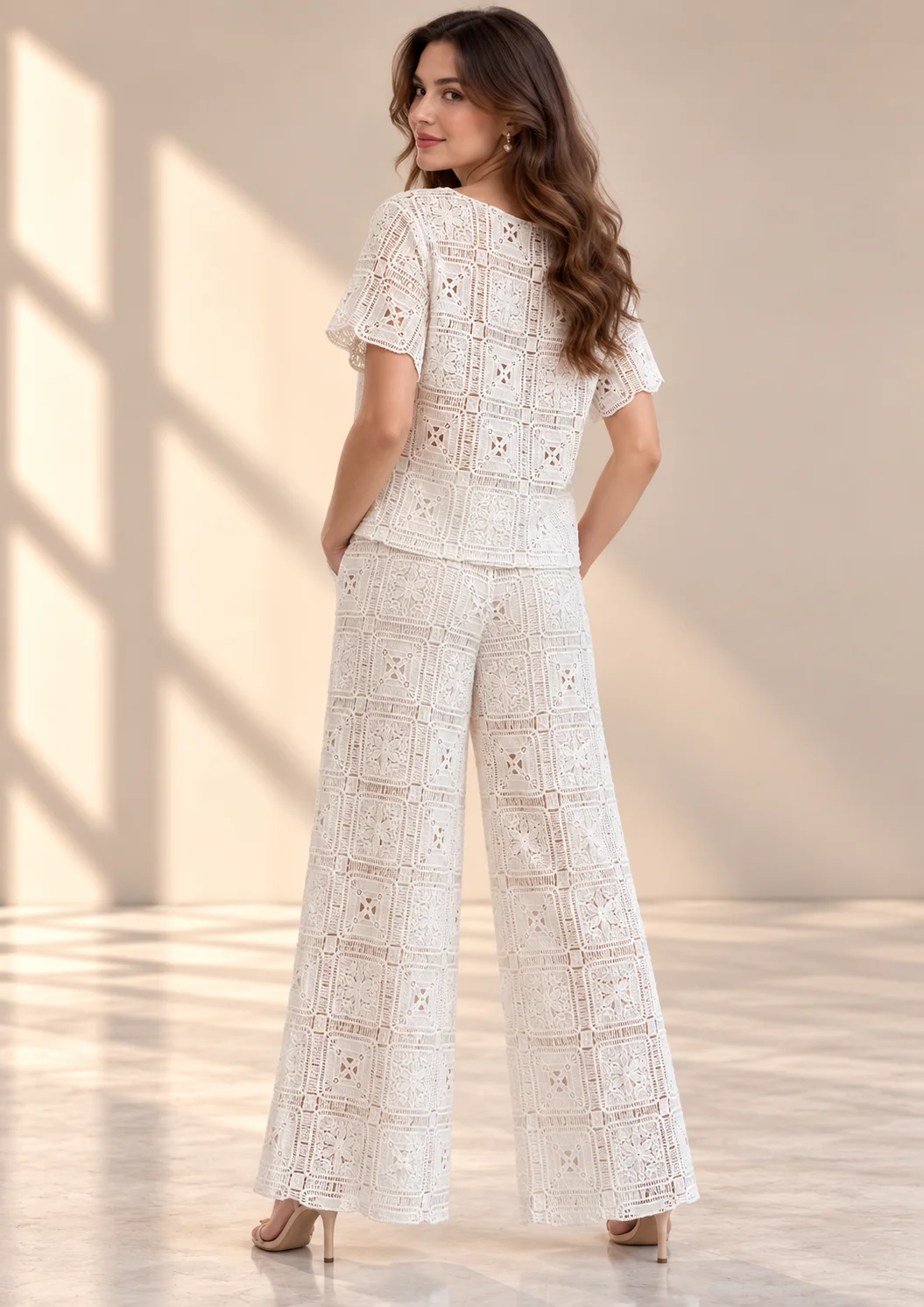 Lace Co Ord Set With Wide-Leg Pants