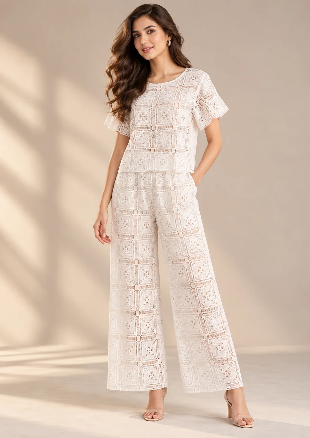 Lace Co Ord Set With Wide-Leg Pants