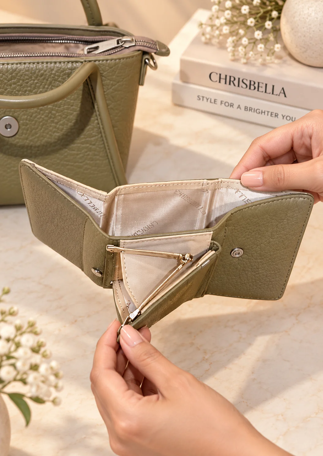 Chrisbella Textured Olive Green Handbag and Wallet