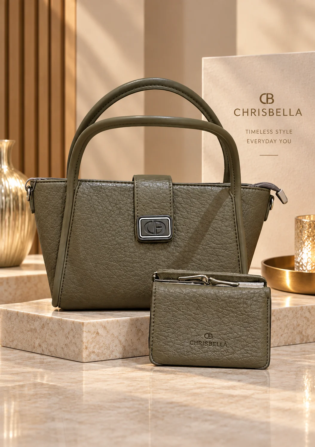 Chrisbella Textured Olive Green Handbag and Wallet