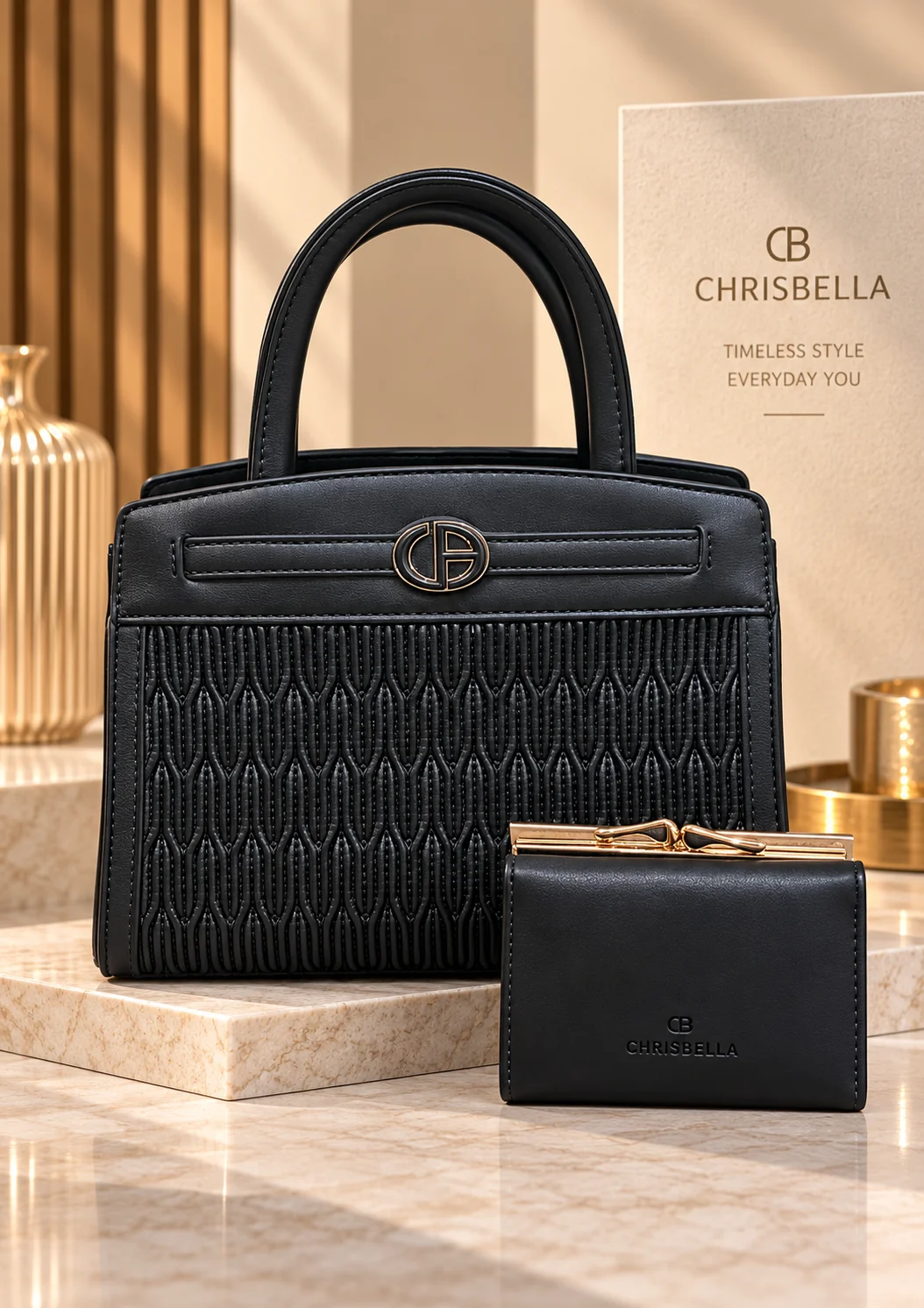 Chrisbella Textured Tote Bag with Double Handle and Wallet
