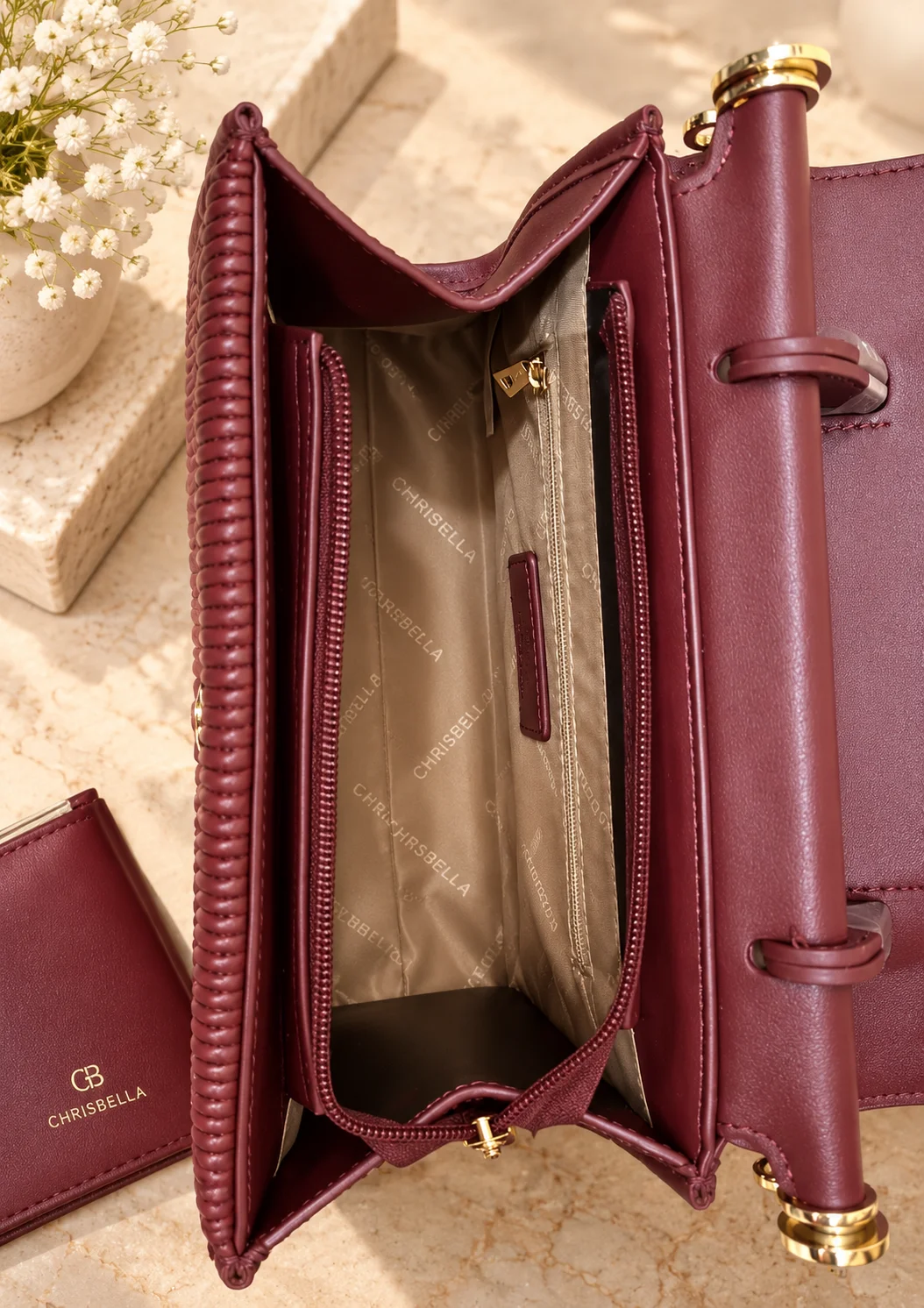 Chrisbella Textured Tote Bag with Double Handle and Wallet
