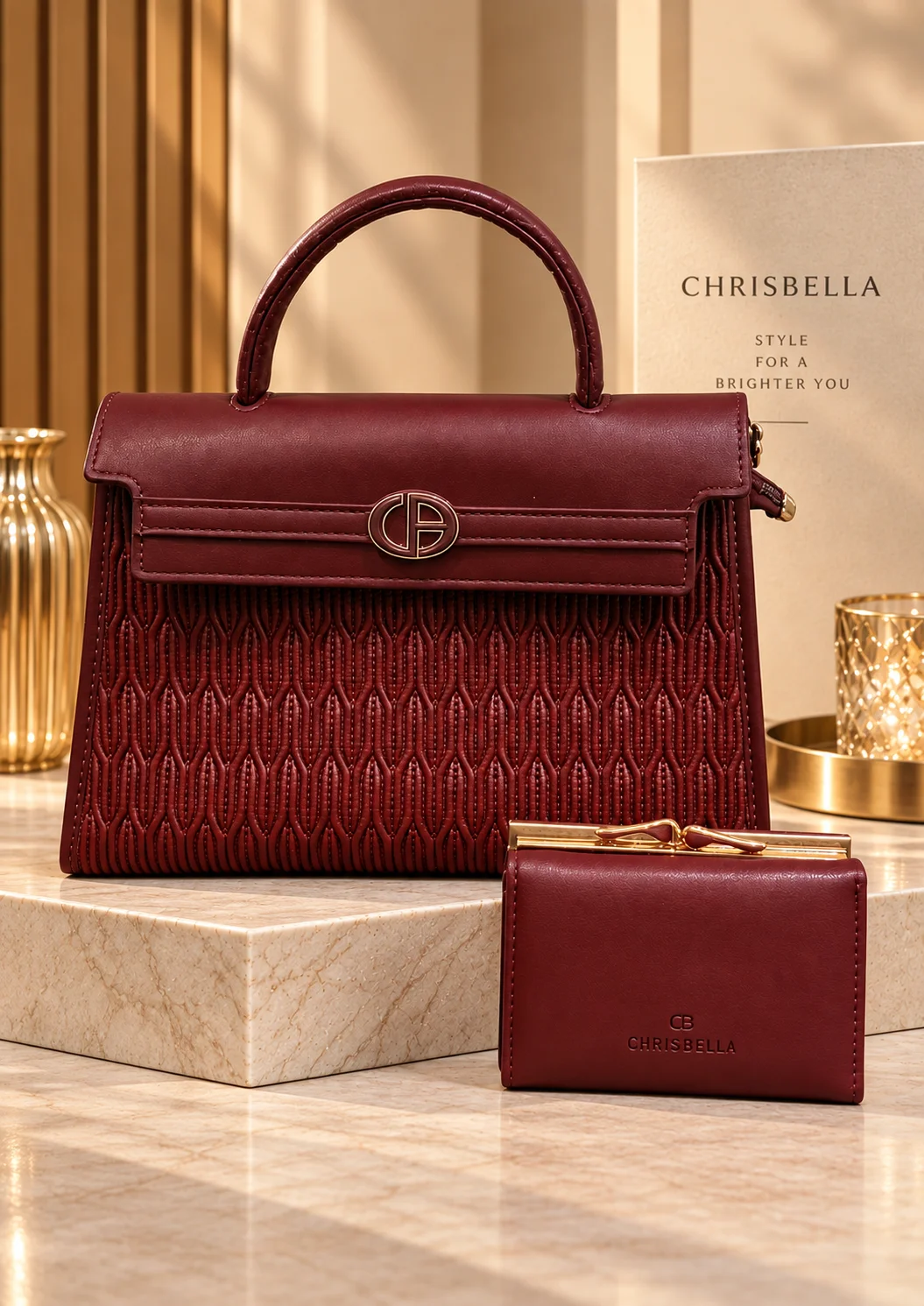 Chrisbella Textured Tote Bag with Double Handle and Wallet
