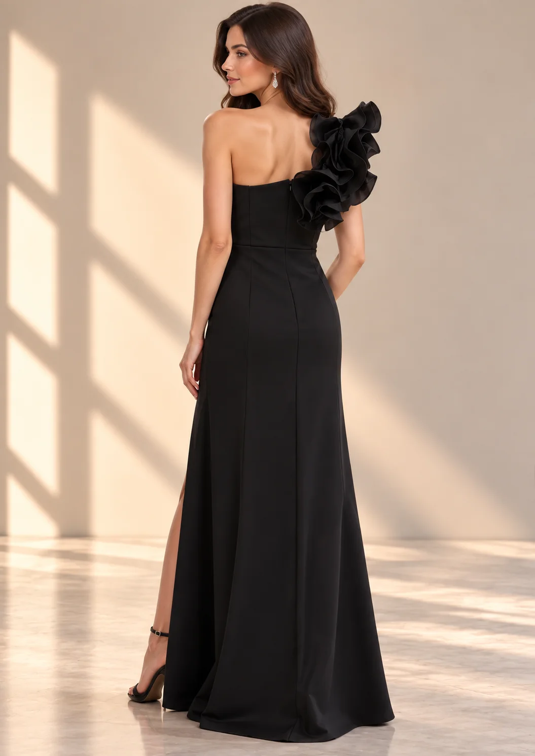 One-Shoulder Ruched Party Wear With Floral Detail