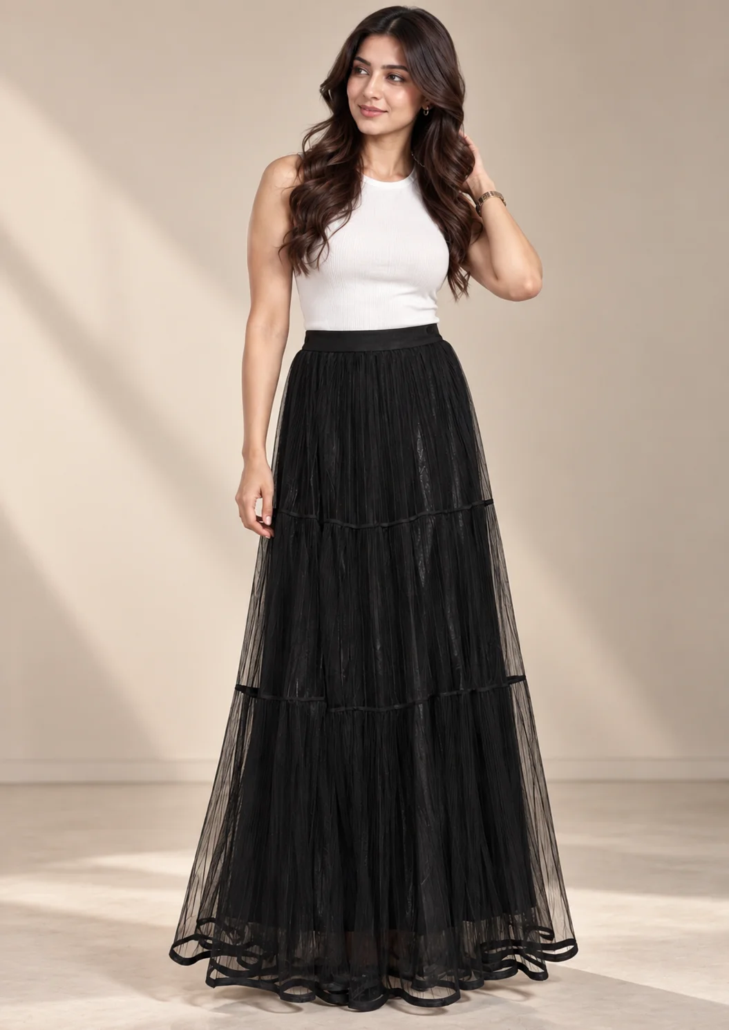 Net Long Flared Skirt