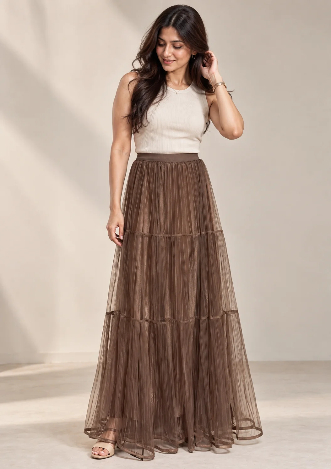 Net Long Flared Skirt