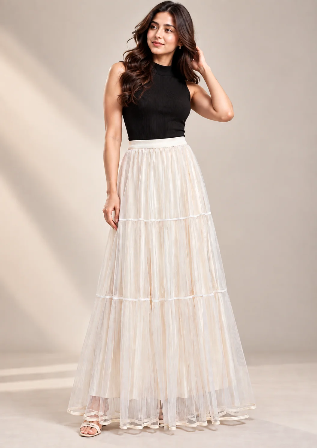 Net Long Flared Skirt