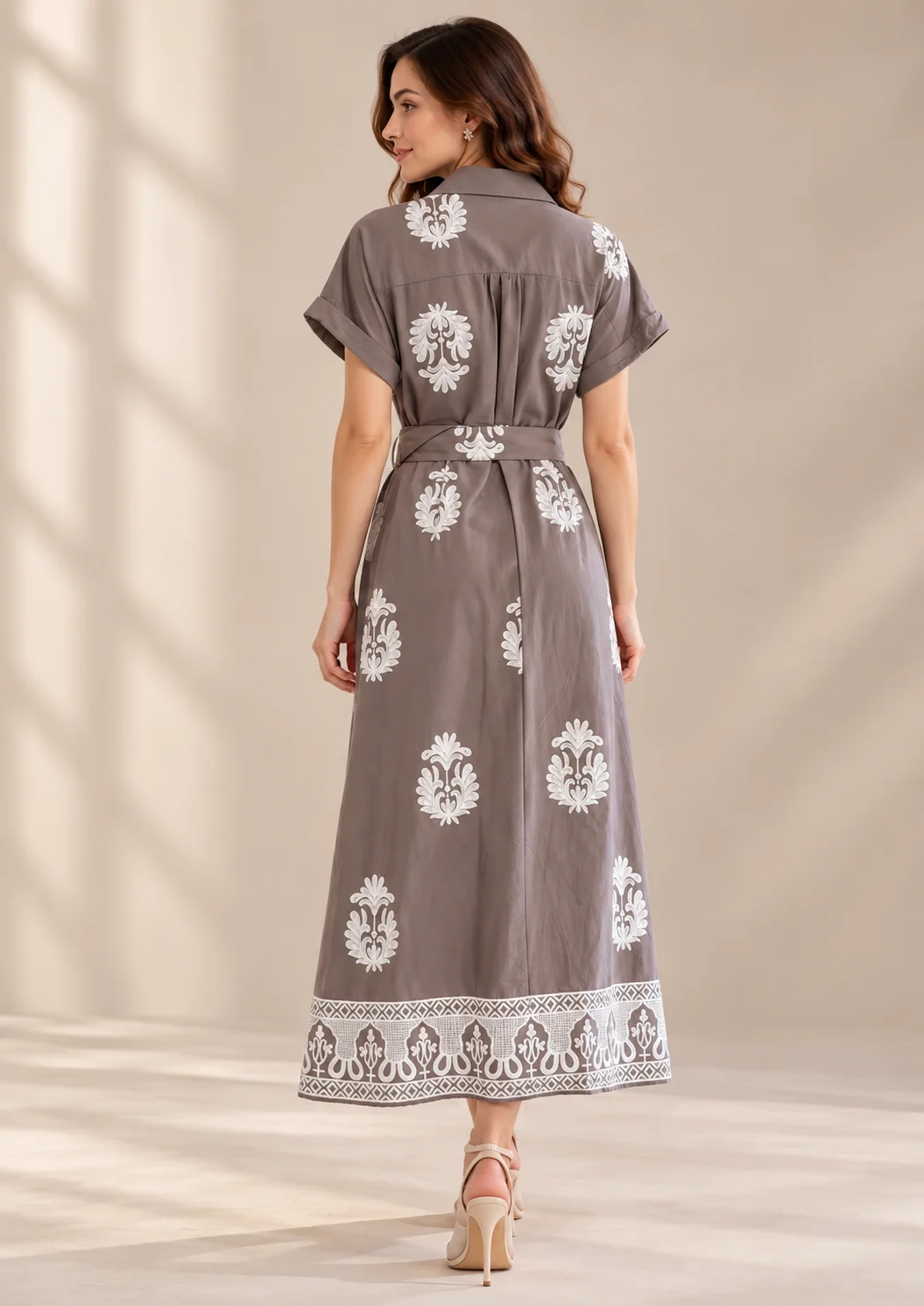 Printed Belted Shirt Maxi Dress