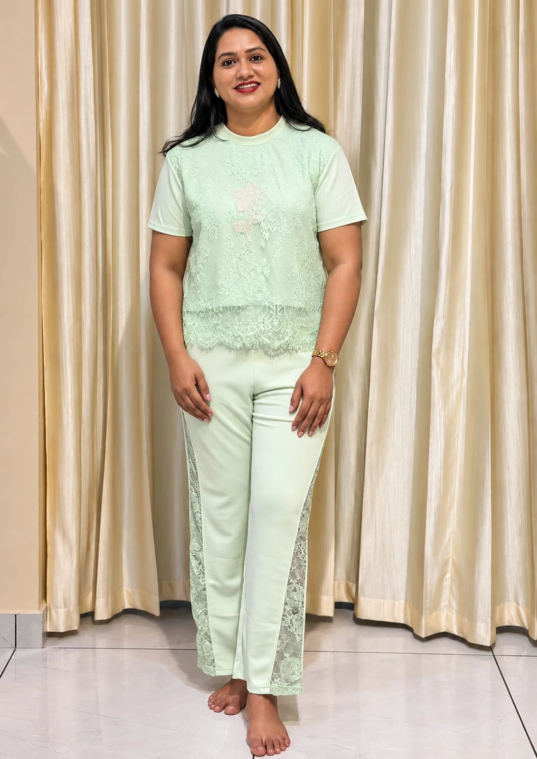 Lace Co Ord Set with Wide-Leg Pants