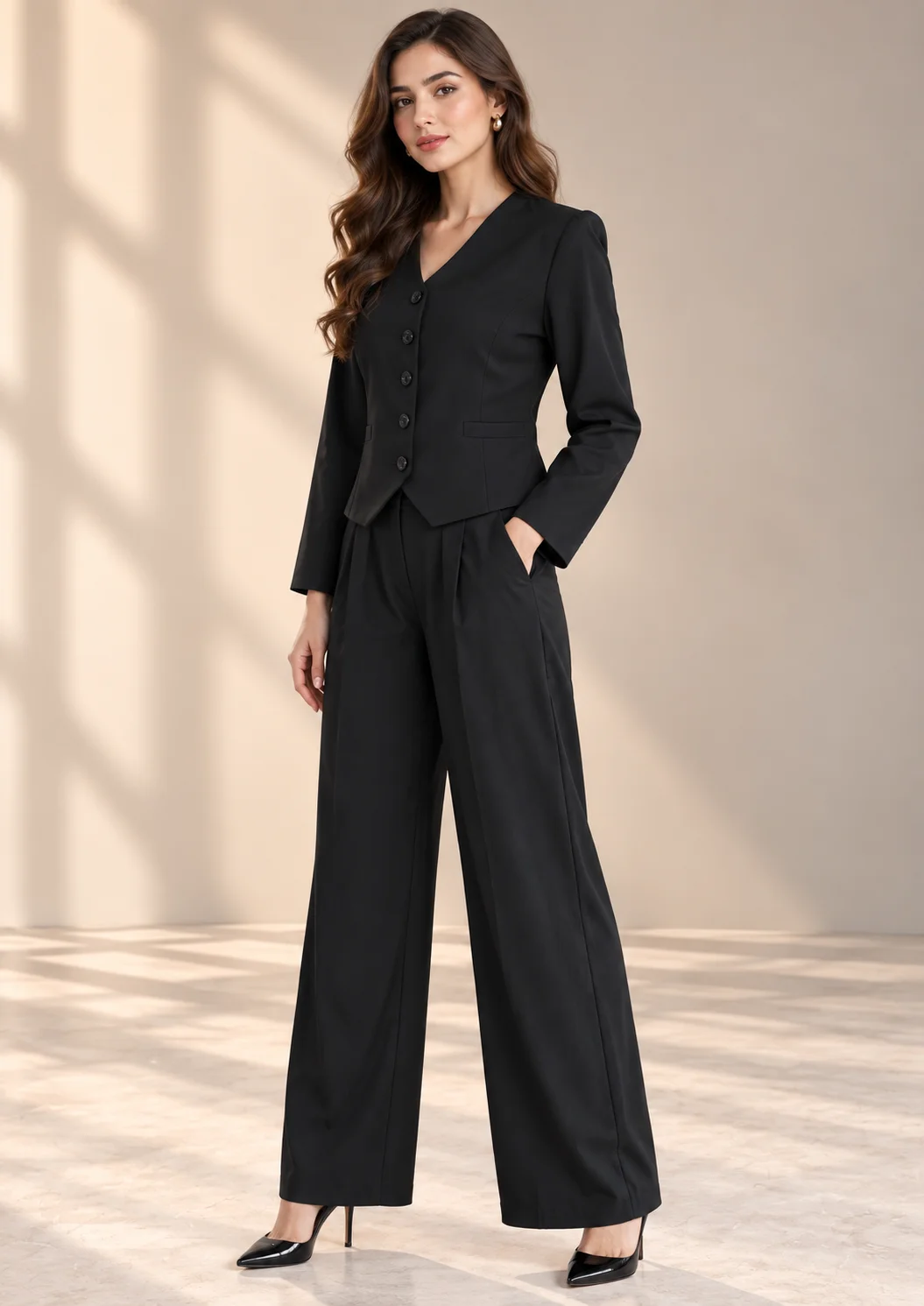 Tailored Button Co Ord Set with Wide-Leg Pants