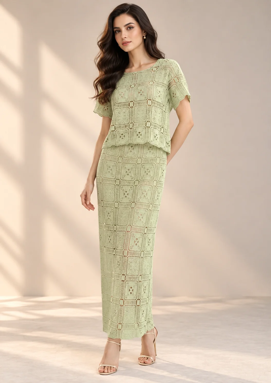 Lace Co Ord Set With Wide-Leg Pants