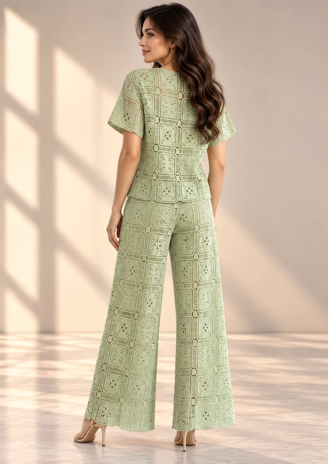 Lace Co Ord Set With Wide-Leg Pants