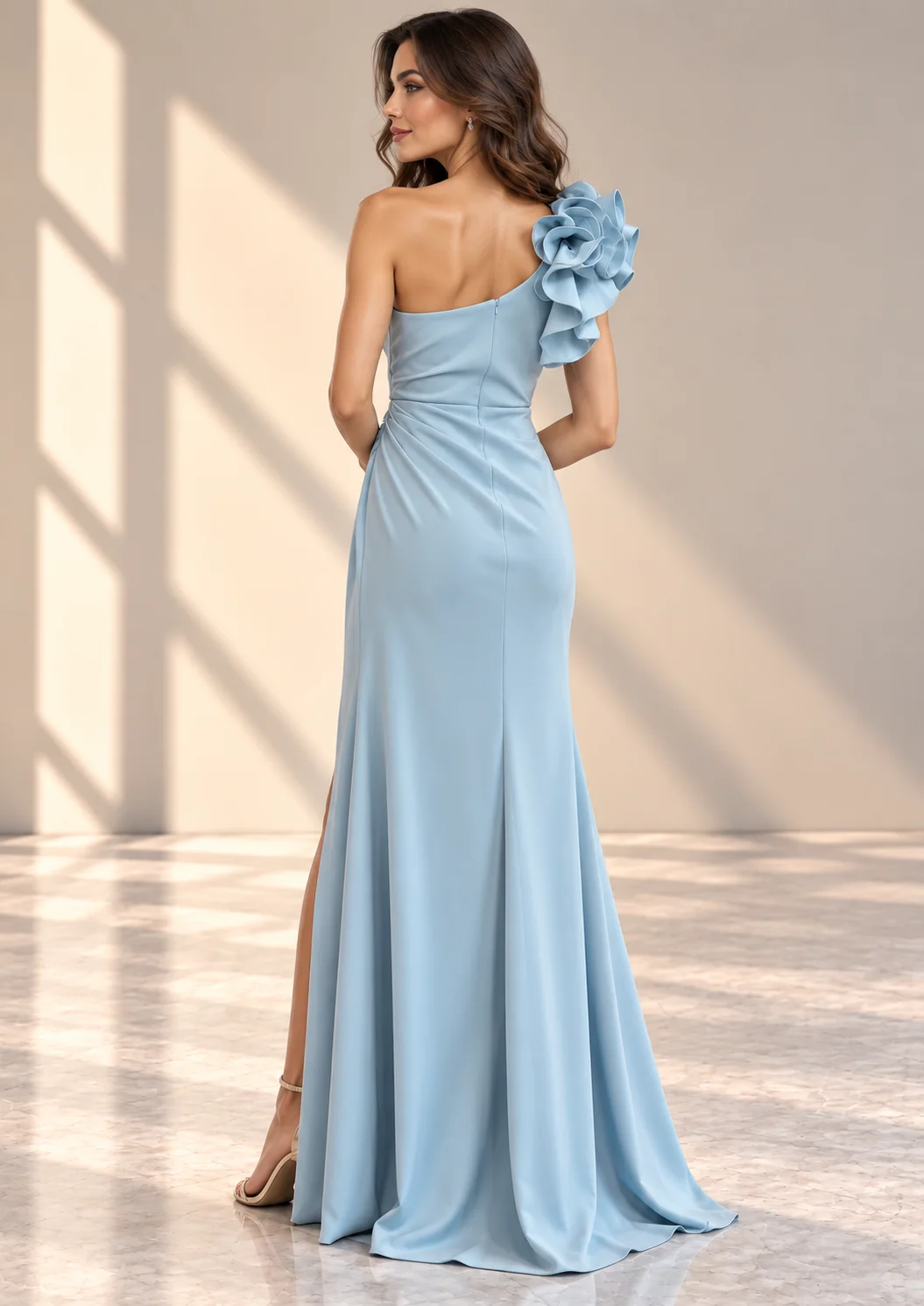 One-Shoulder Ruched Party Wear With Floral Detail